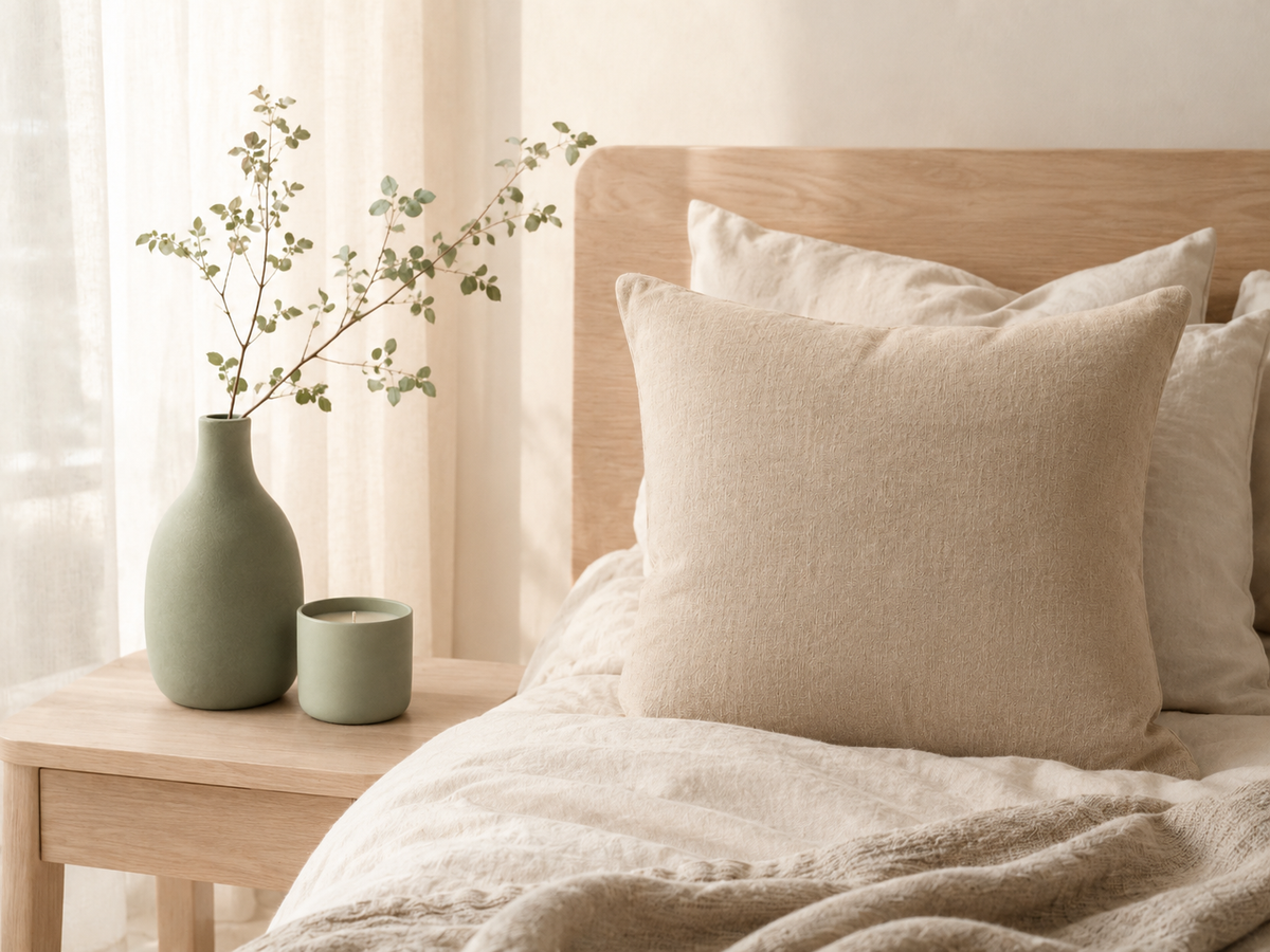 Lit habillé de lin beige avec vases en céramique sauge