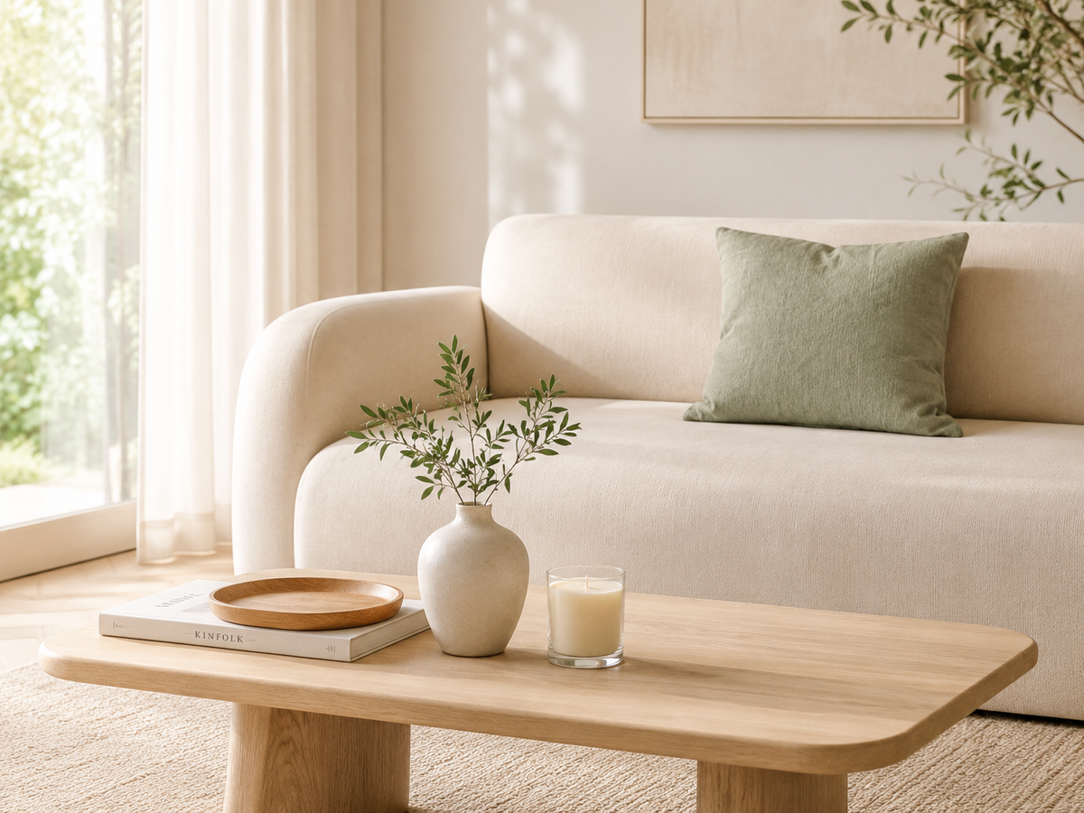 Canapé crème avec coussin en lin sauge et plateau en bois