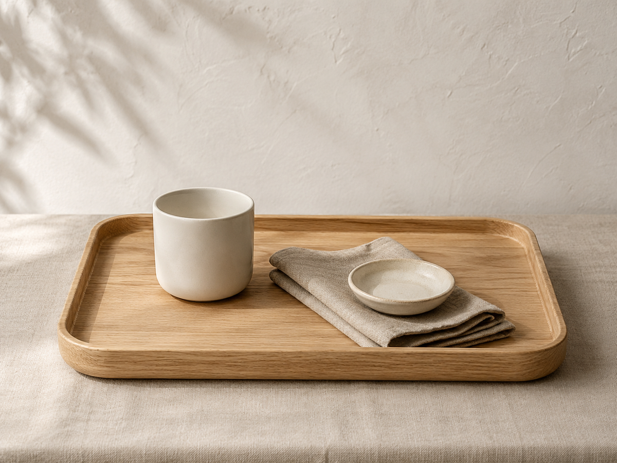 Plateau sable en chêne clair avec une tasse et une serviette en lin