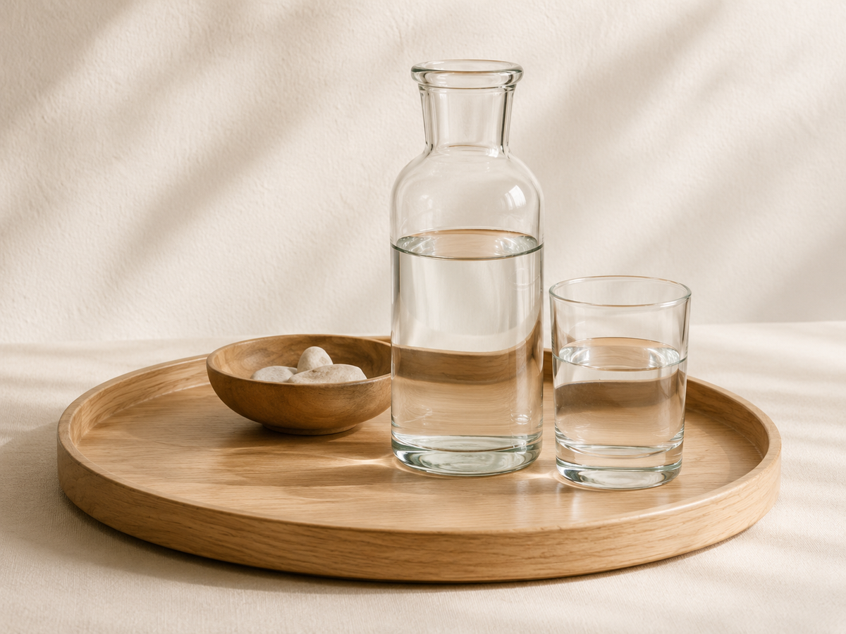 Plateau Fjord rond en chêne clair avec une carafe et un verre