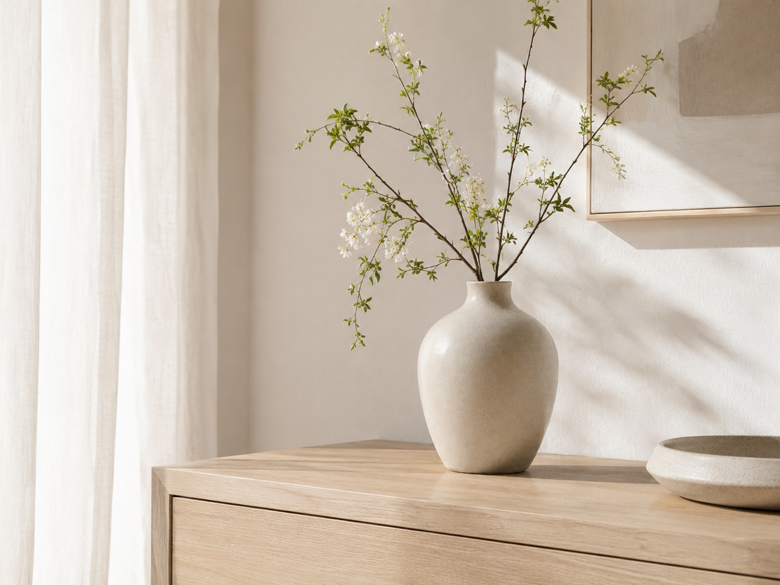 Vase Alba garni de branches fleuries sur une commode en chêne