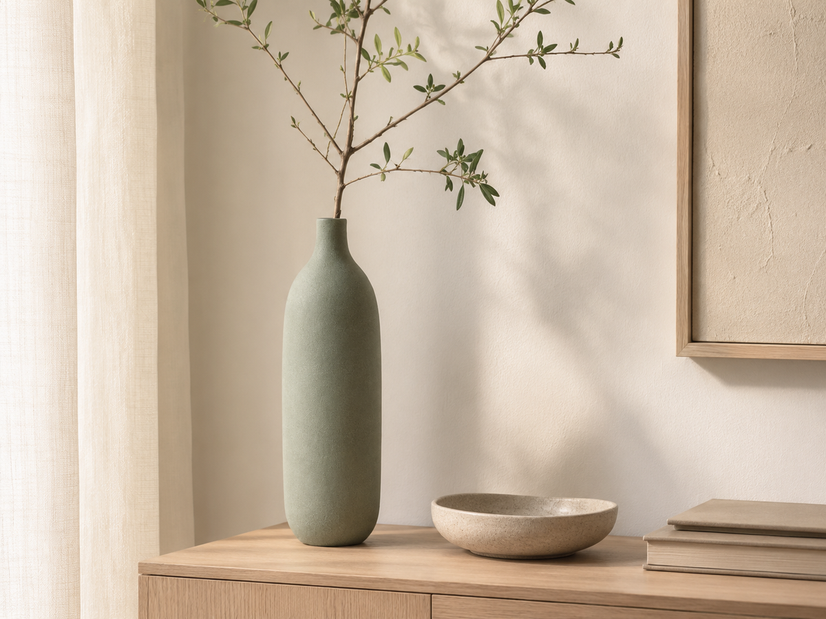 Vase Noma sur une console en chêne près d'un rideau en lin