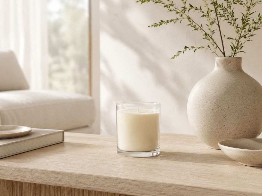 Bougie brume sur une console en chêne près d'un vase en grès
