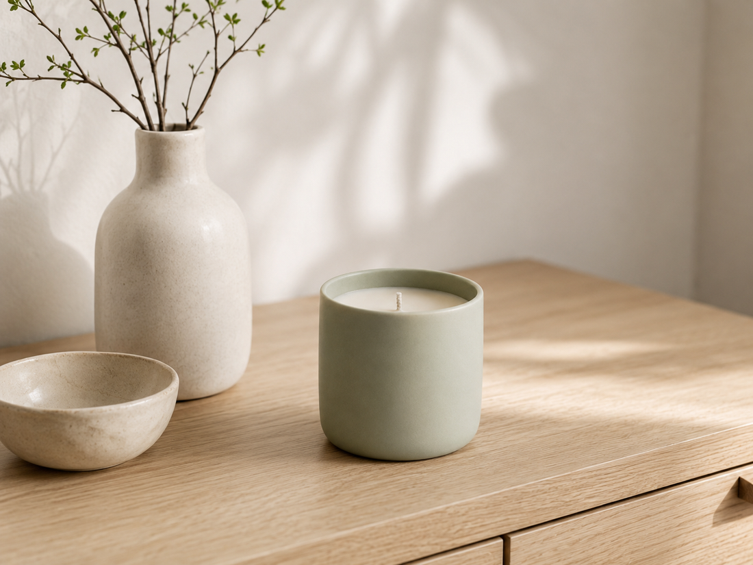 Bougie sauge sur une commode en chêne près d'un vase blanc
