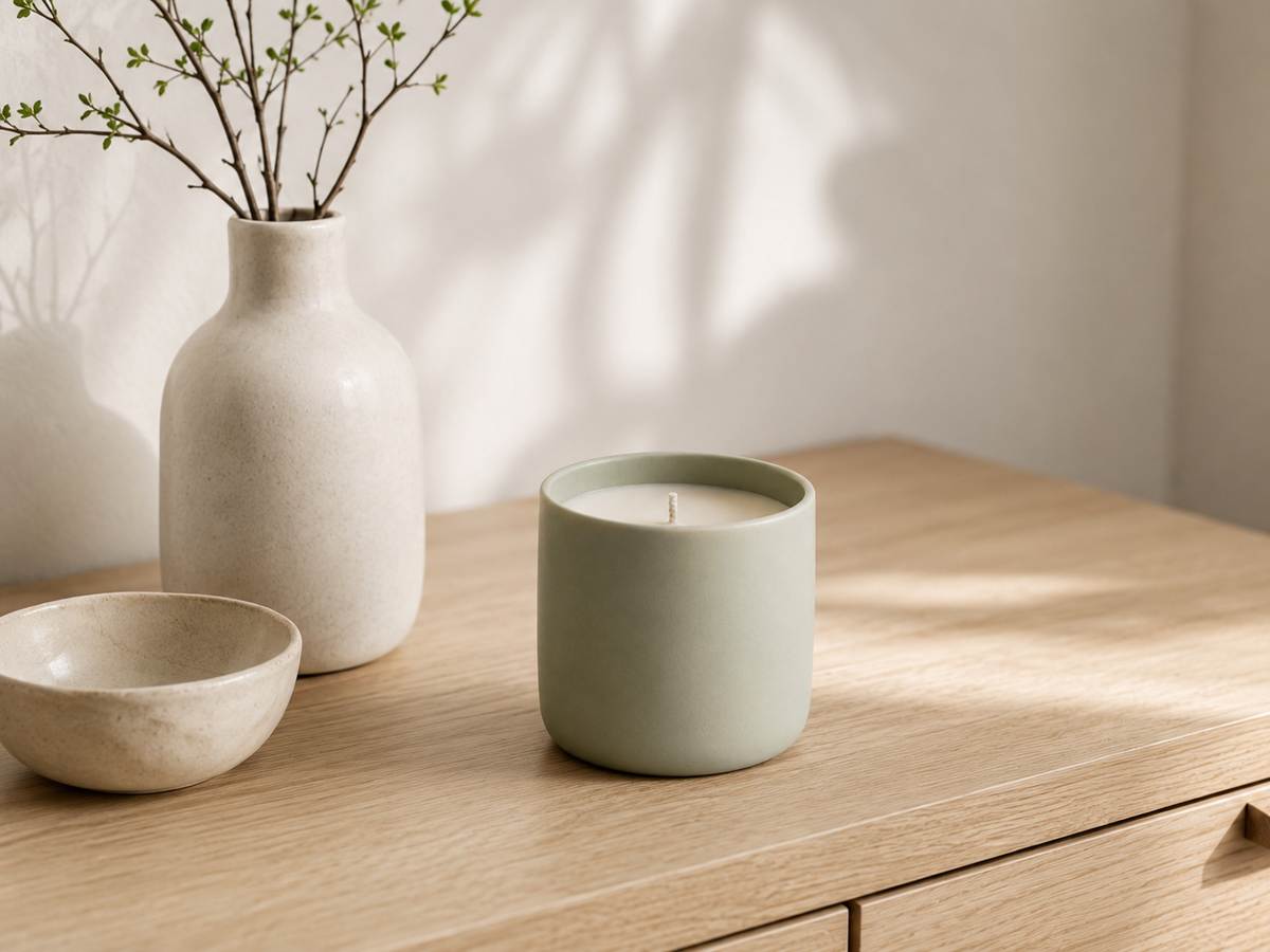 Bougie sauge sur une commode en chêne près d'un vase blanc