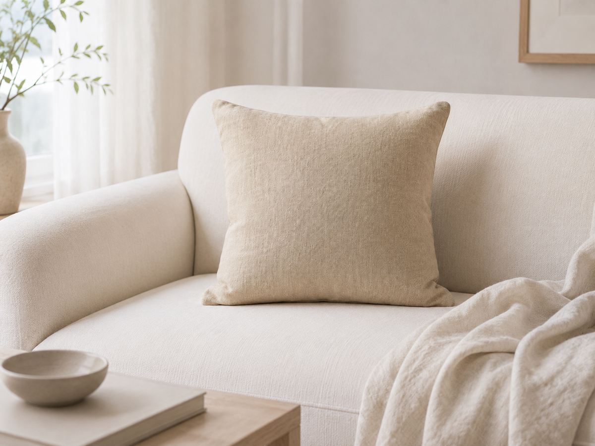 Coussin en lin naturel dans un salon lumineux