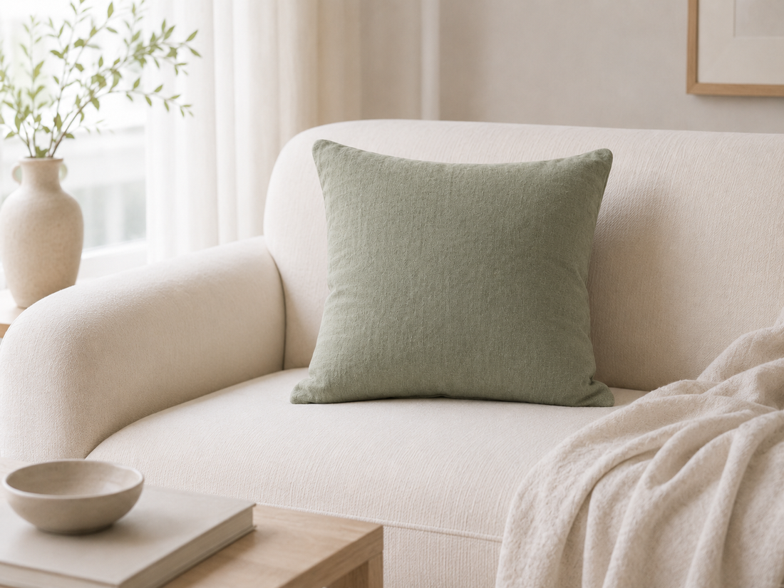 Coussin en lin vert sauge dans un salon lumineux