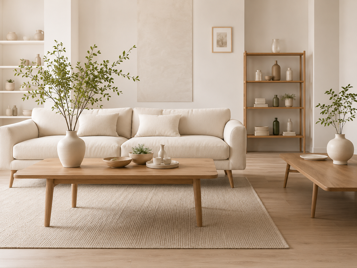 Salon lumineux avec un canapé crème, une table basse en chêne et des vases en grès
