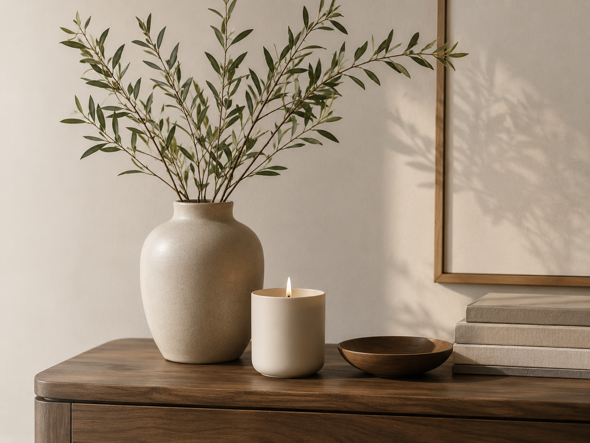 Console en chêne avec un vase et une bougie