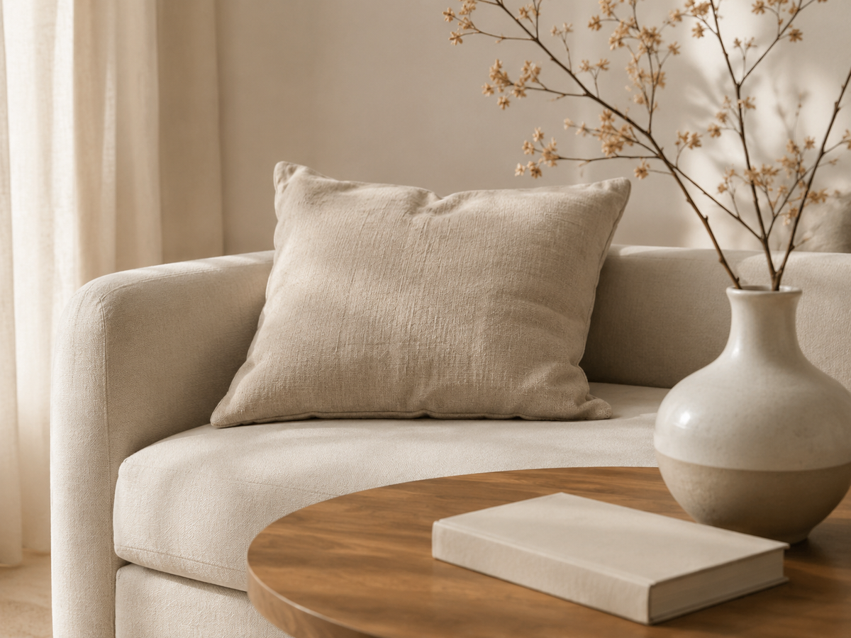 Canapé avec un coussin en lin et un vase garni de branches fleuries