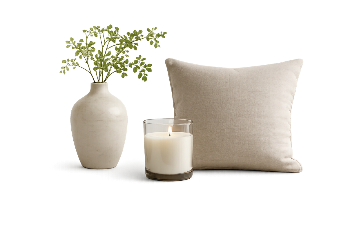 Vase en grès, bougie et coussin en lin
