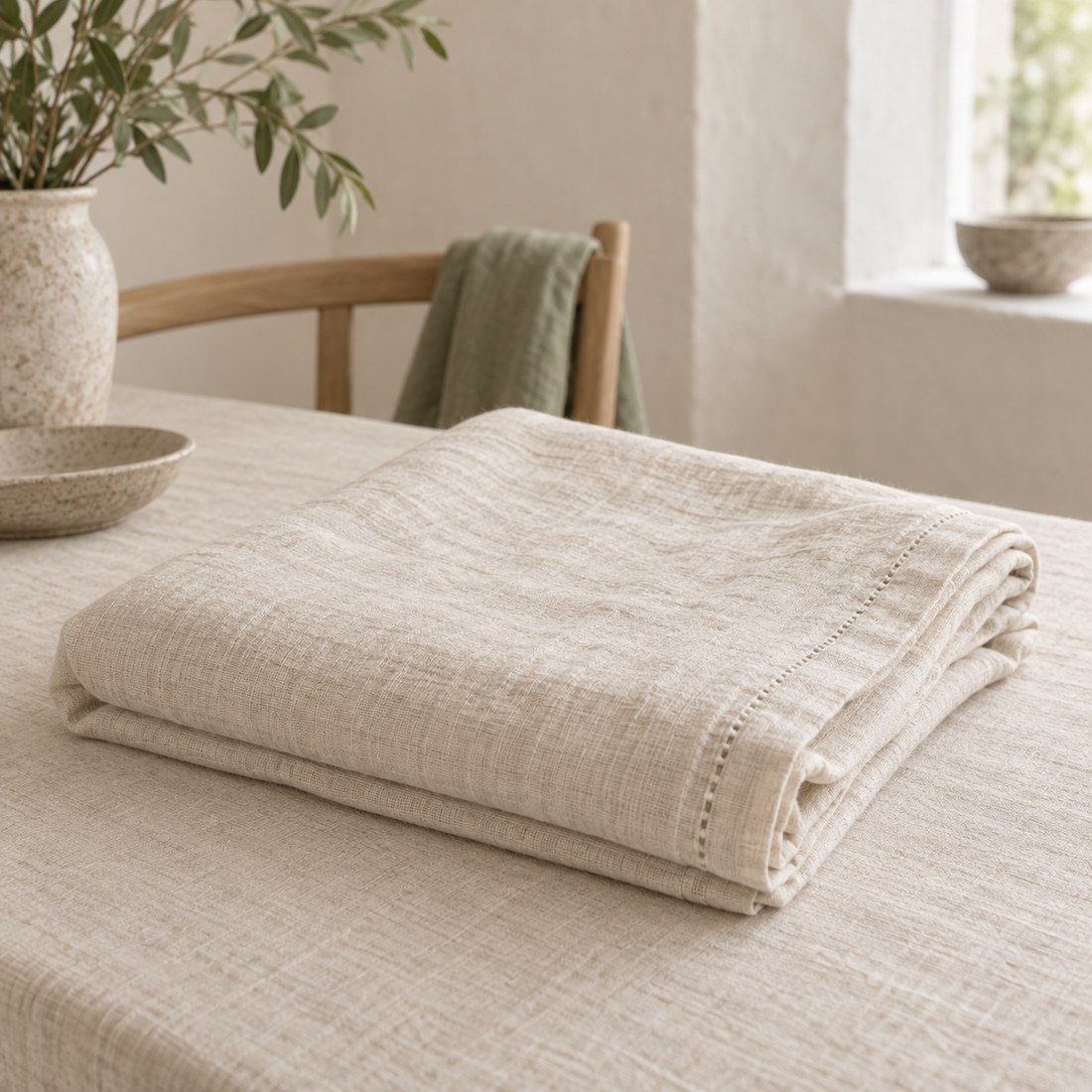 Nappe en lin lavé blanc cassé, pliée