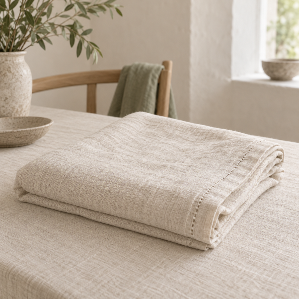 Nappe en lin lavé blanc cassé, pliée
