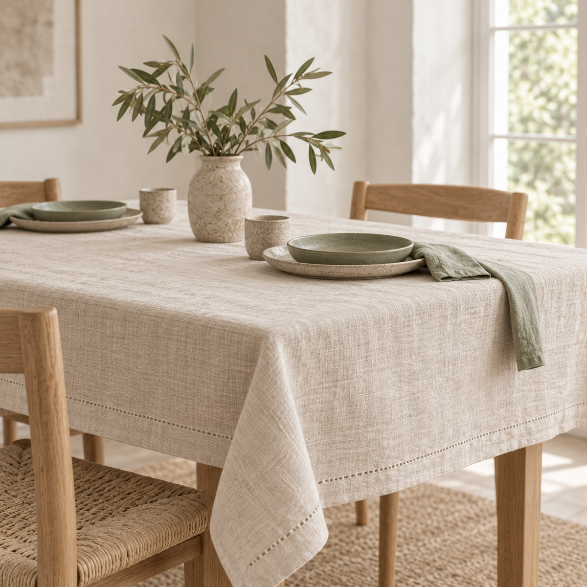 Table dressée avec la nappe en lin