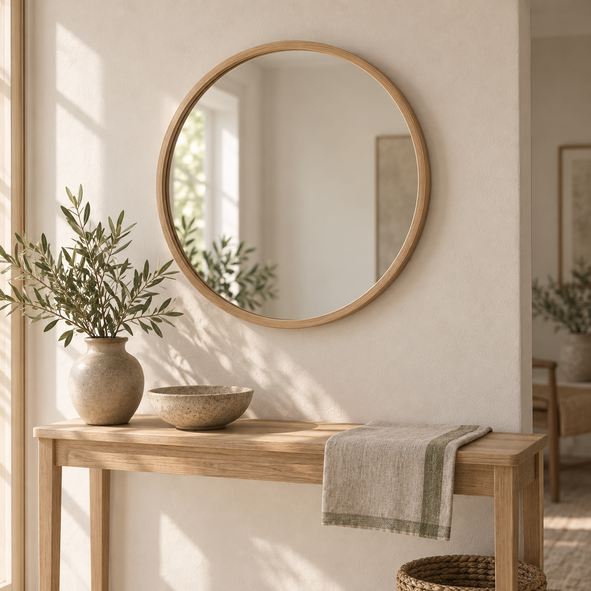 Miroir rond au-dessus d'une console d'entrée