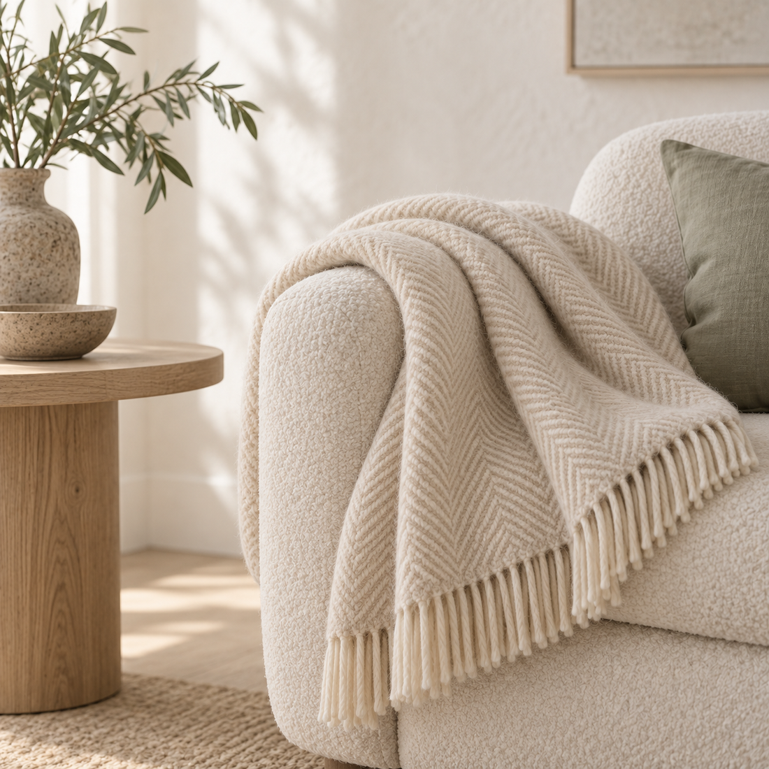 Plaid posé sur un fauteuil en bouclé